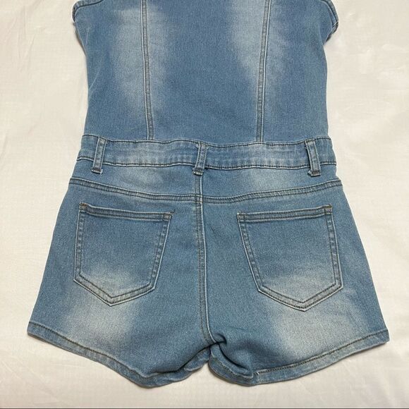 Y2K Denim Romper Jumpsuit Shorts Sleeveless Stretch Button Up Collared Size M - Picture 11 of 14